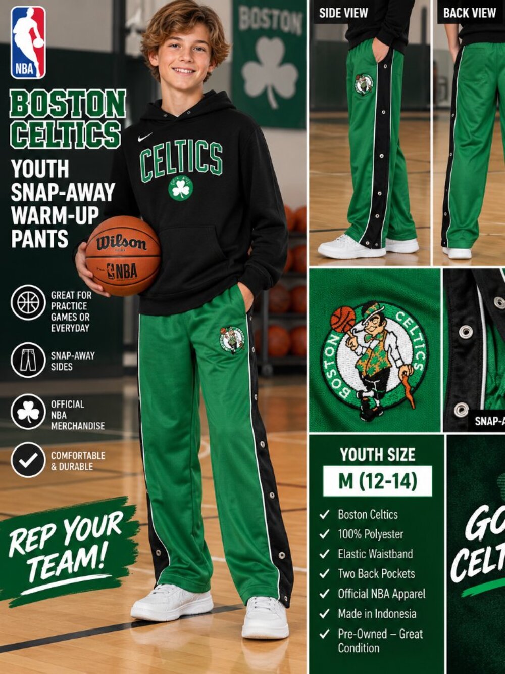 Boston Celtics NBA Youth Snap-Away Warm-Up Pants – M 12/14